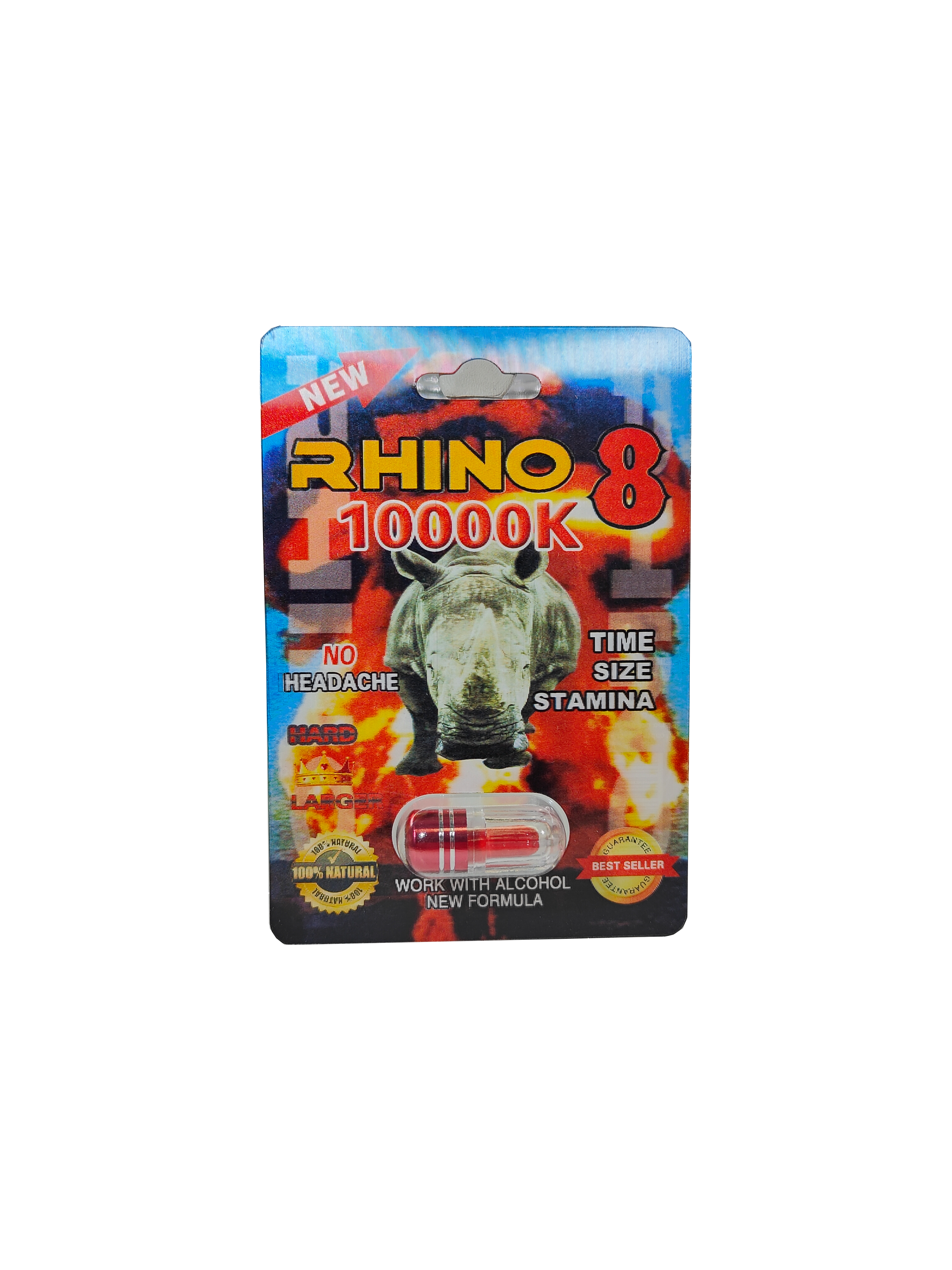 Single capsule packet of Rhino 10000K, a male enhancement supplement pill.