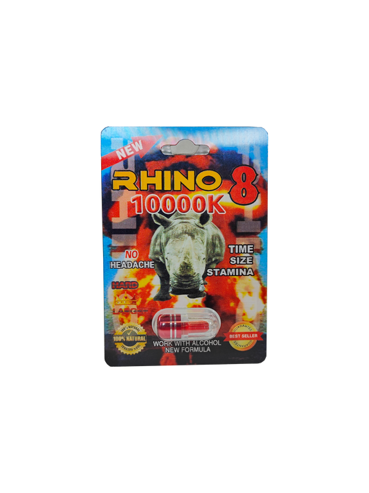 Single capsule packet of Rhino 10000K, a male enhancement supplement pill.