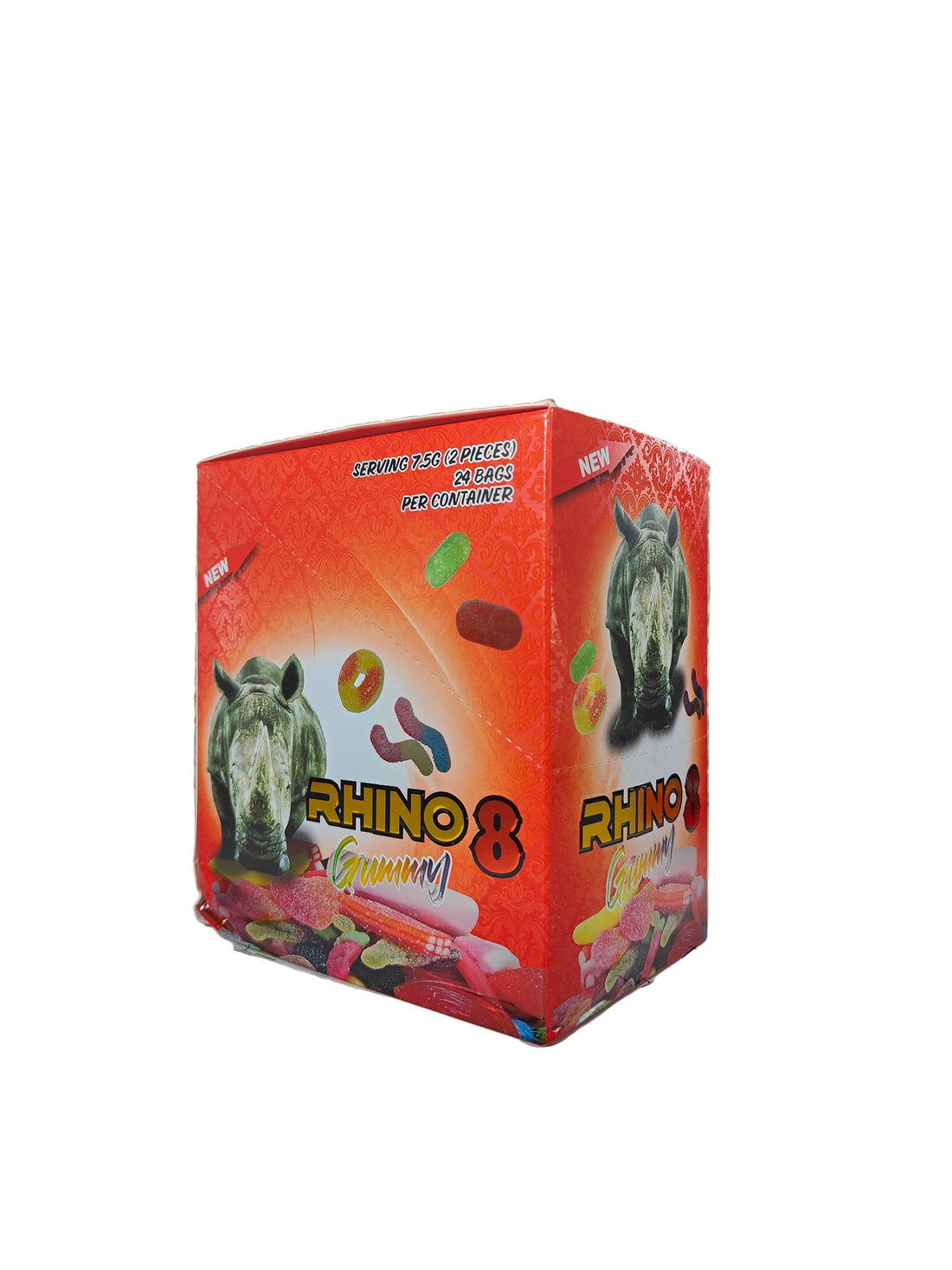 Front view of Rhino 8 Gummy display box. A premium male enhancement supplement in gummy form.