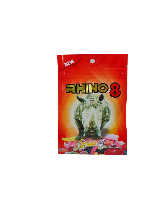 Single packet of two Rhino 8 male sexual enhancement gummies.