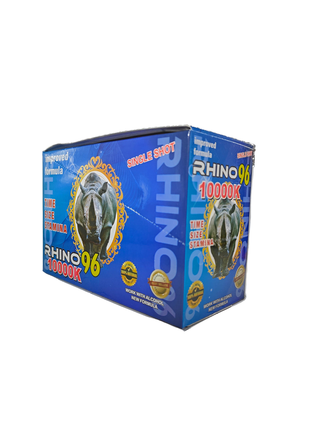 Front view of Rhino 96 10000K display box, a male stamina enhancement supplement in a convenient pill.