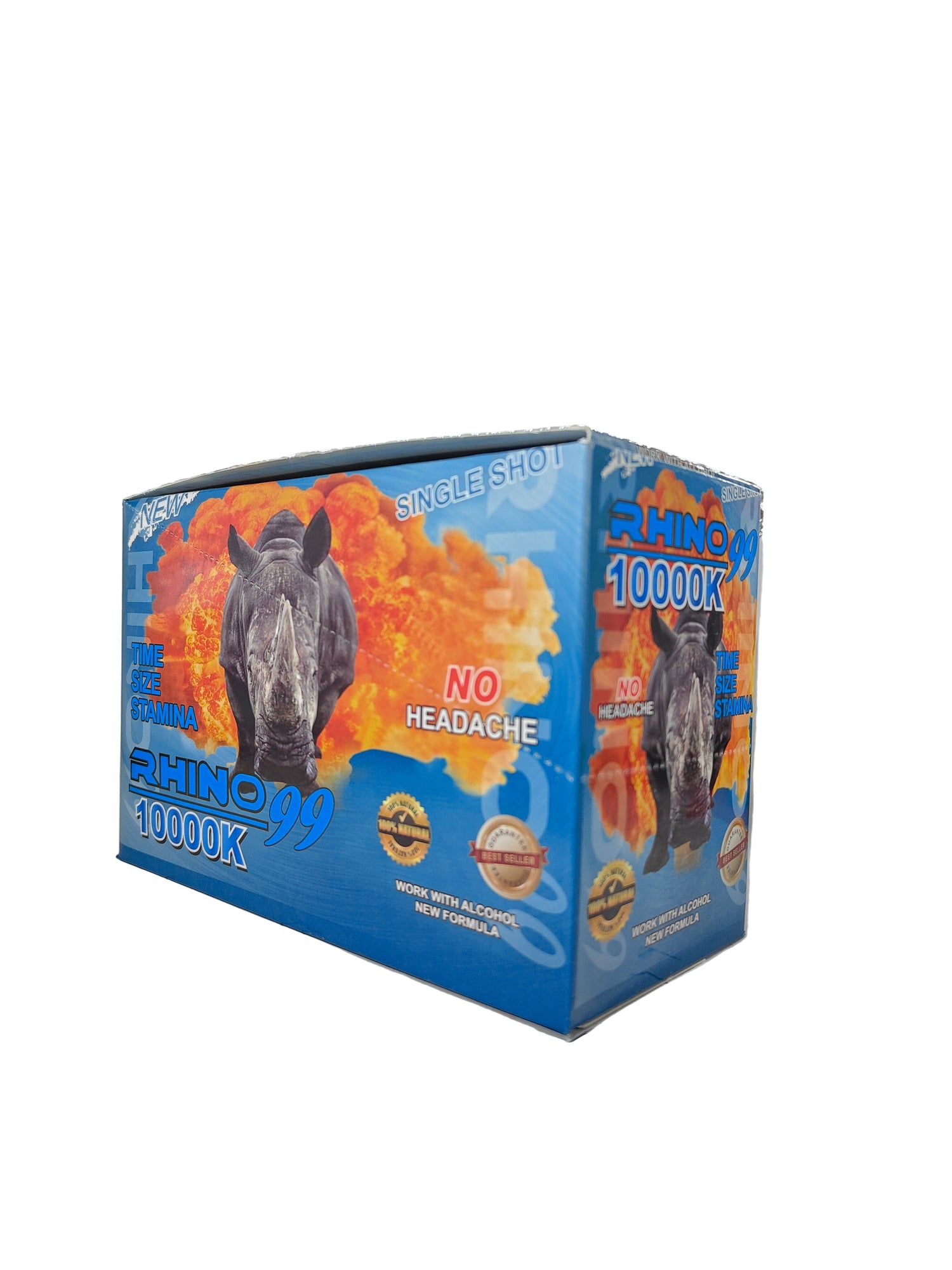 Front view of Rhino 99 10000K display box, a new male stamina enhancement supplement in pill form.