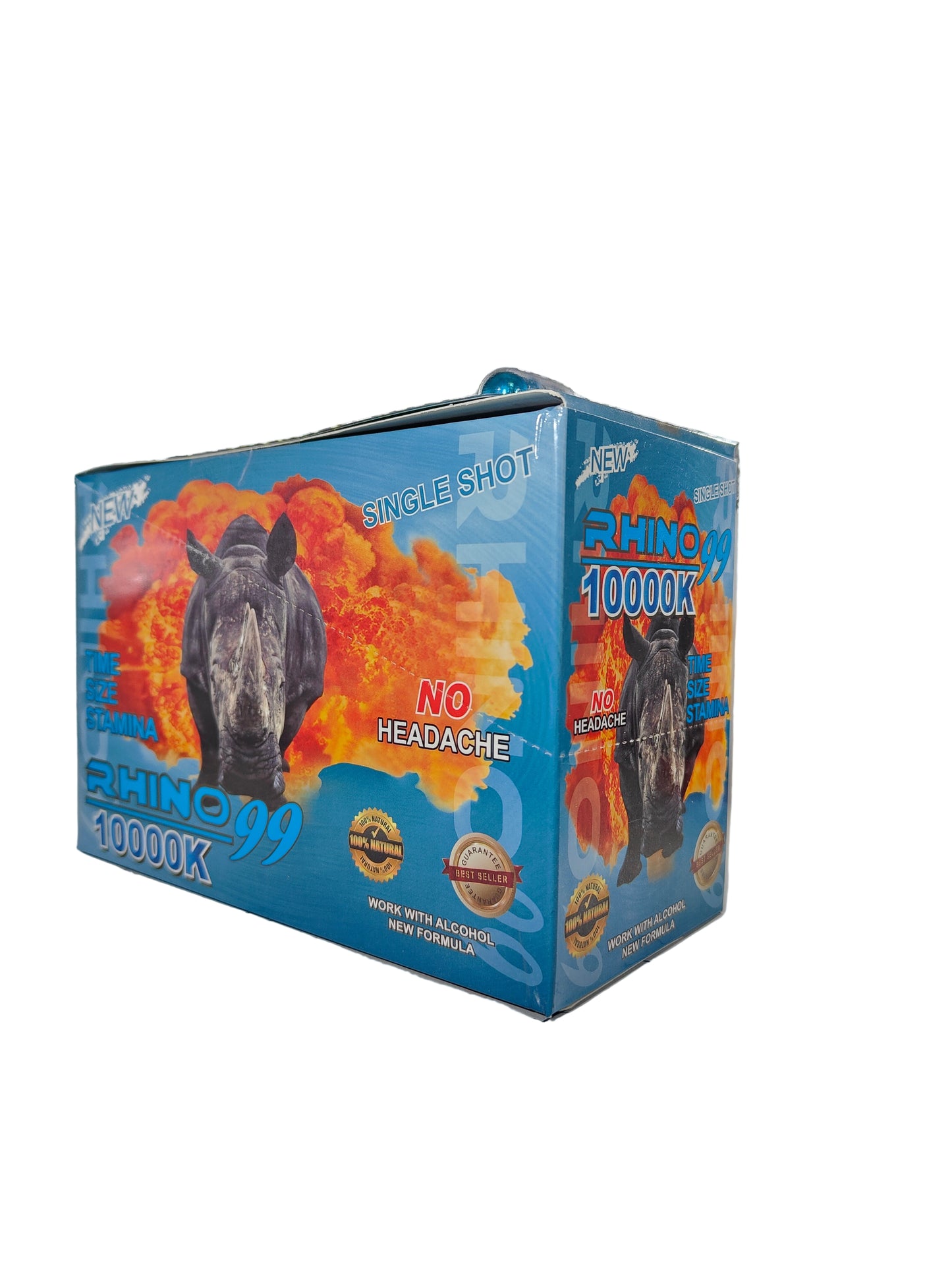 Front view of Rhino 99 10000K display box, a new male stamina enhancement supplement in pill form.