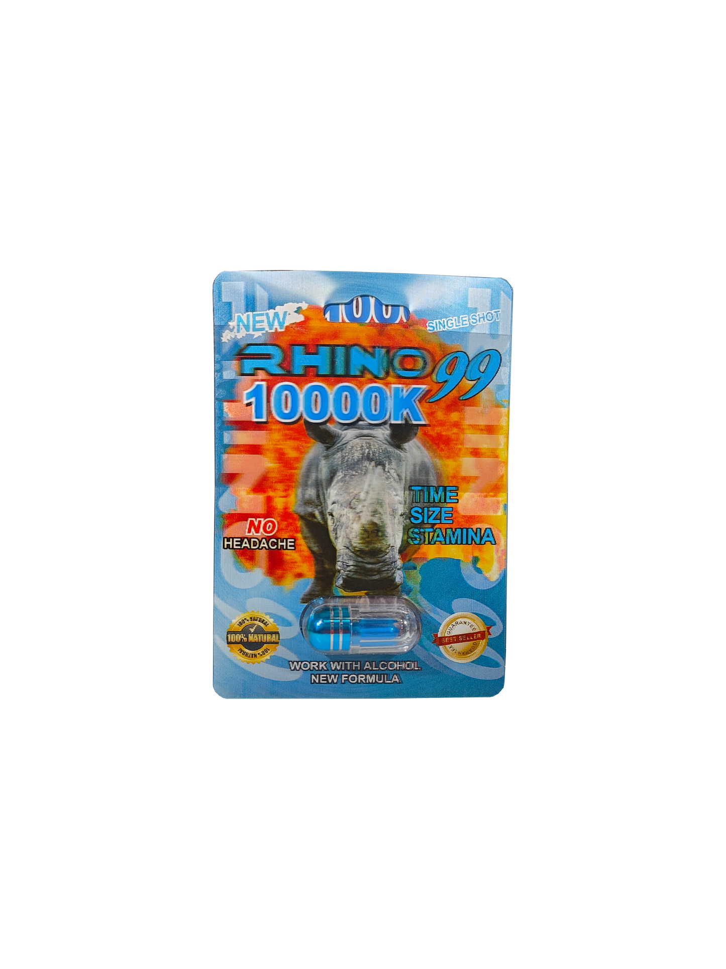 Single capsule packet of Rhino 99 10000K, A male enhancement supplement pill.