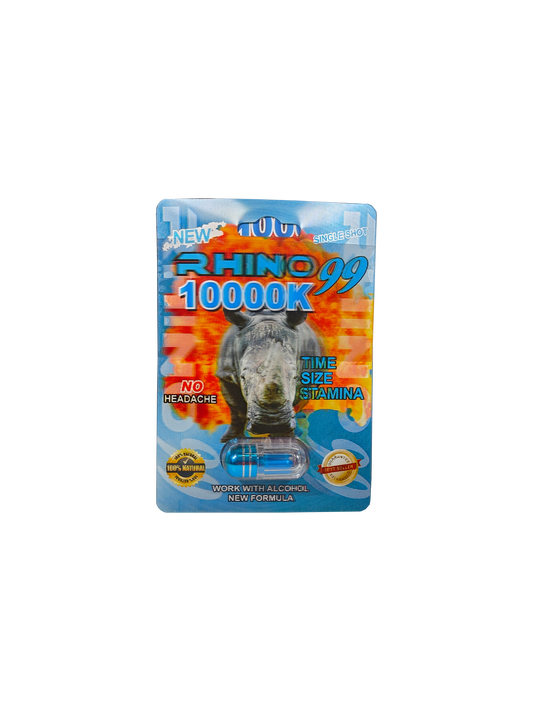 Single capsule packet of Rhino 99 10000K, A male enhancement supplement pill.