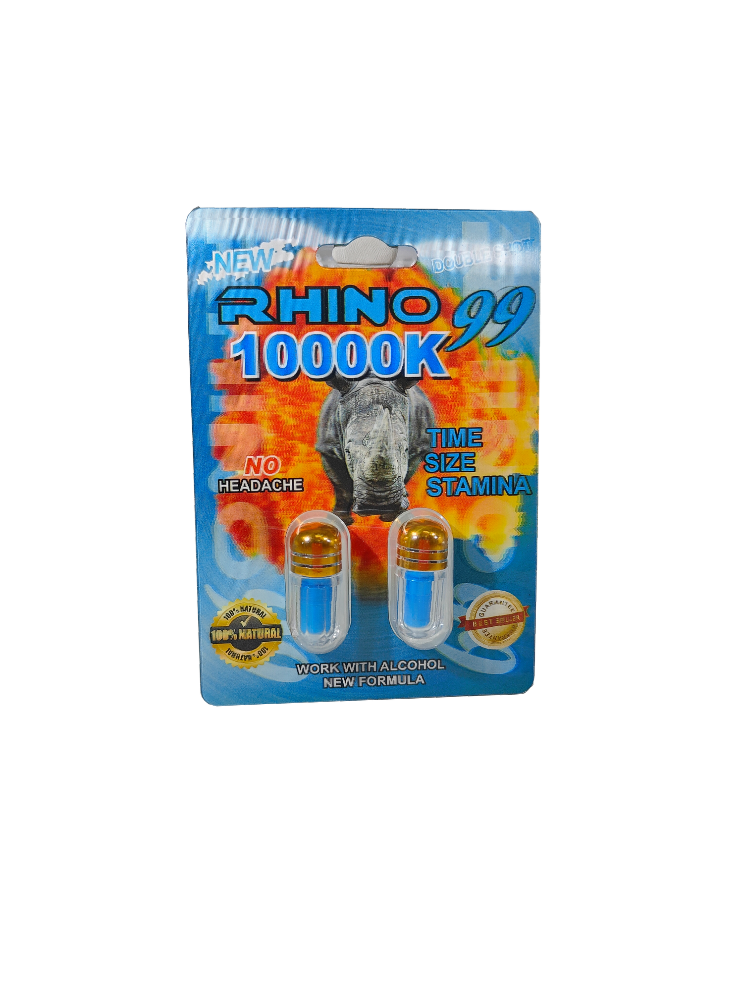 Double capsule packet of Rhino 99 10000K, a male stamina enhancement supplement in the form of a pill.