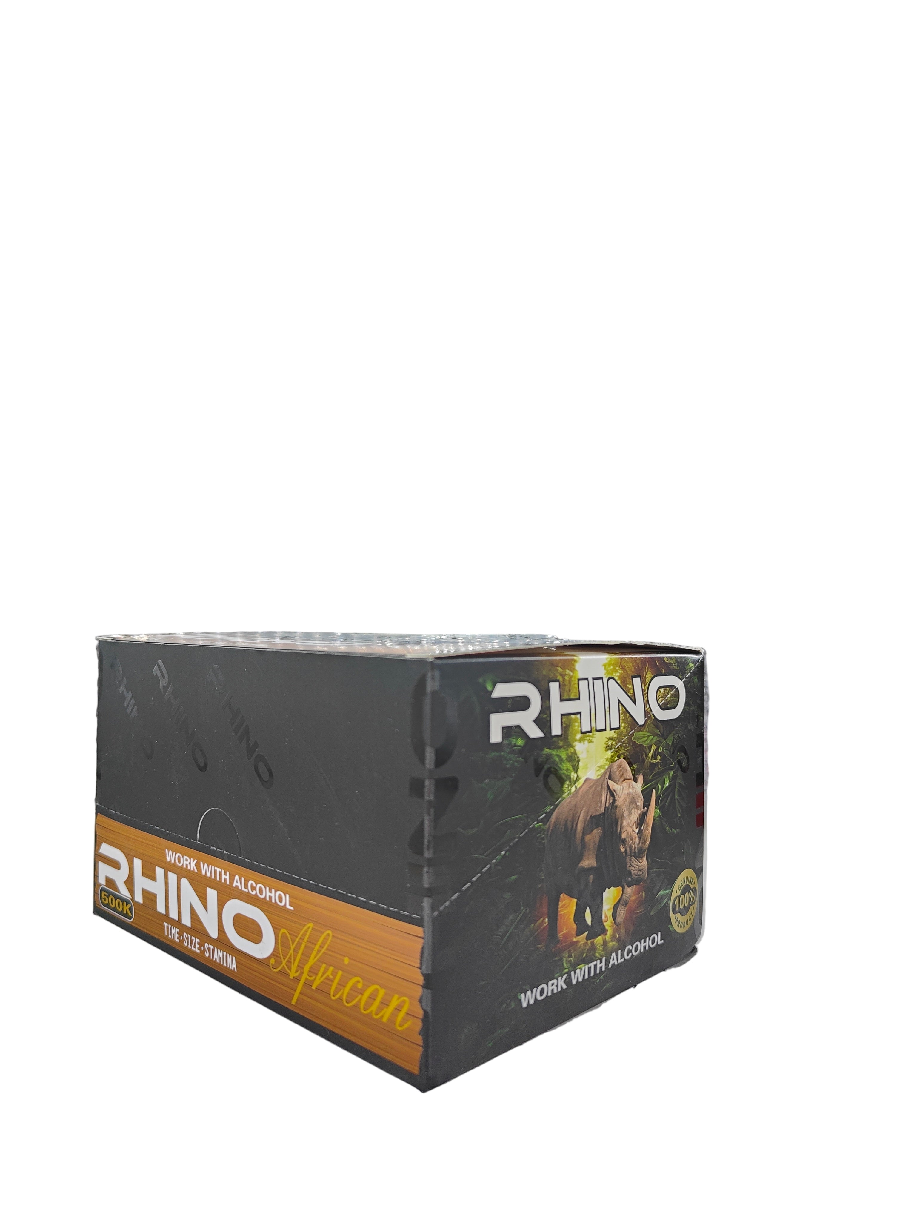 Front View of Rhino African 500k shots, a display box of liquid male enhancements.