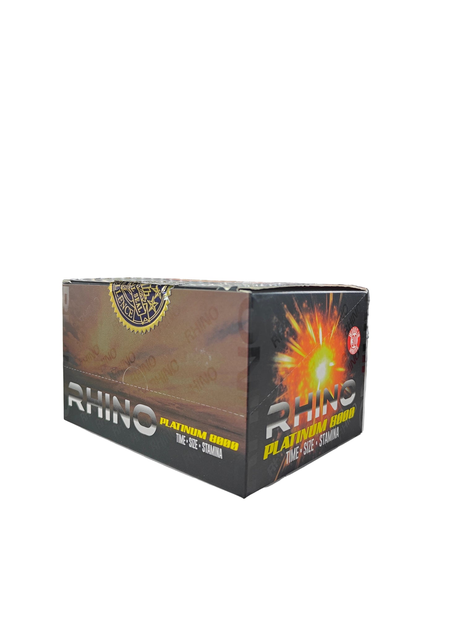 Front view of Rhino Platinum 8000 Shots. A Display Box of male enhancement in liquid form.