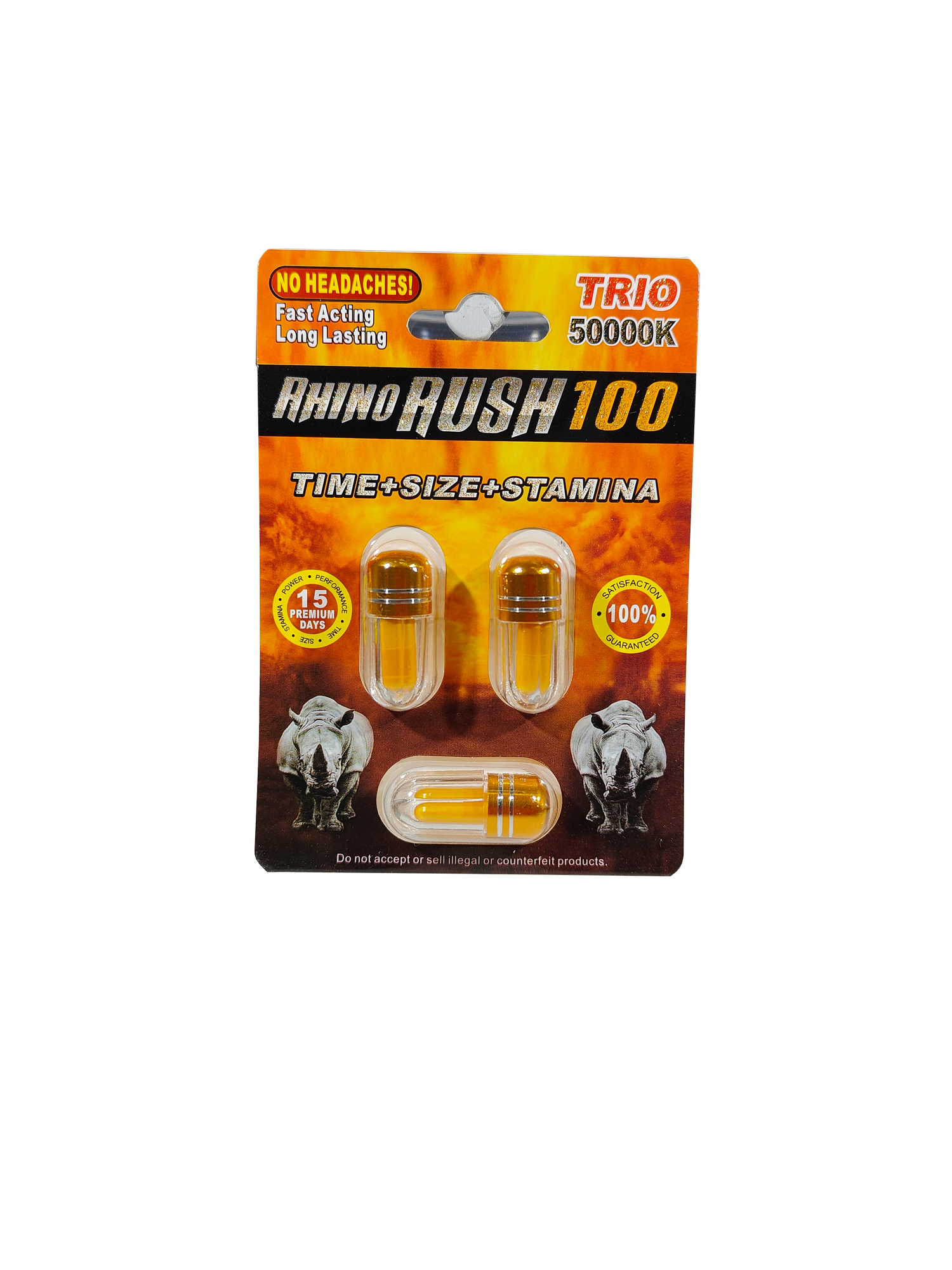 Triple capsule packet of Rhino Rush 100 Gold 50000K TRIO a male enhancement supplement product.