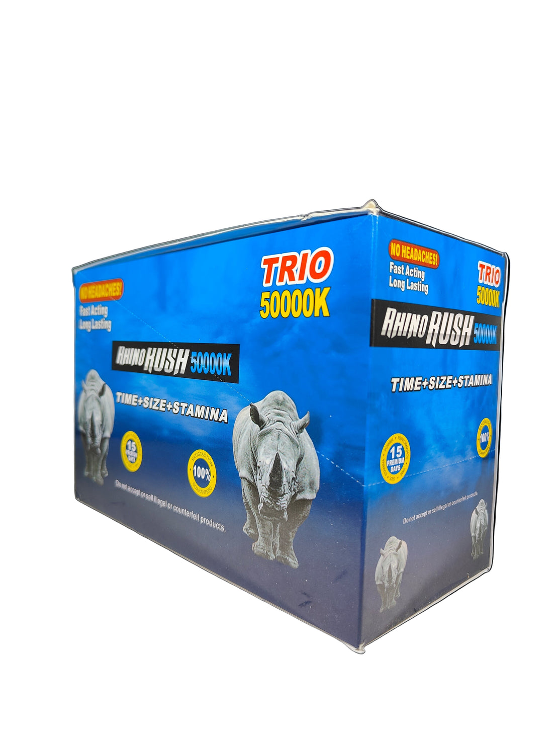 Front view of Rhino Rush 50000K Blue Trio display box, a premium stamina and energy enhancement.