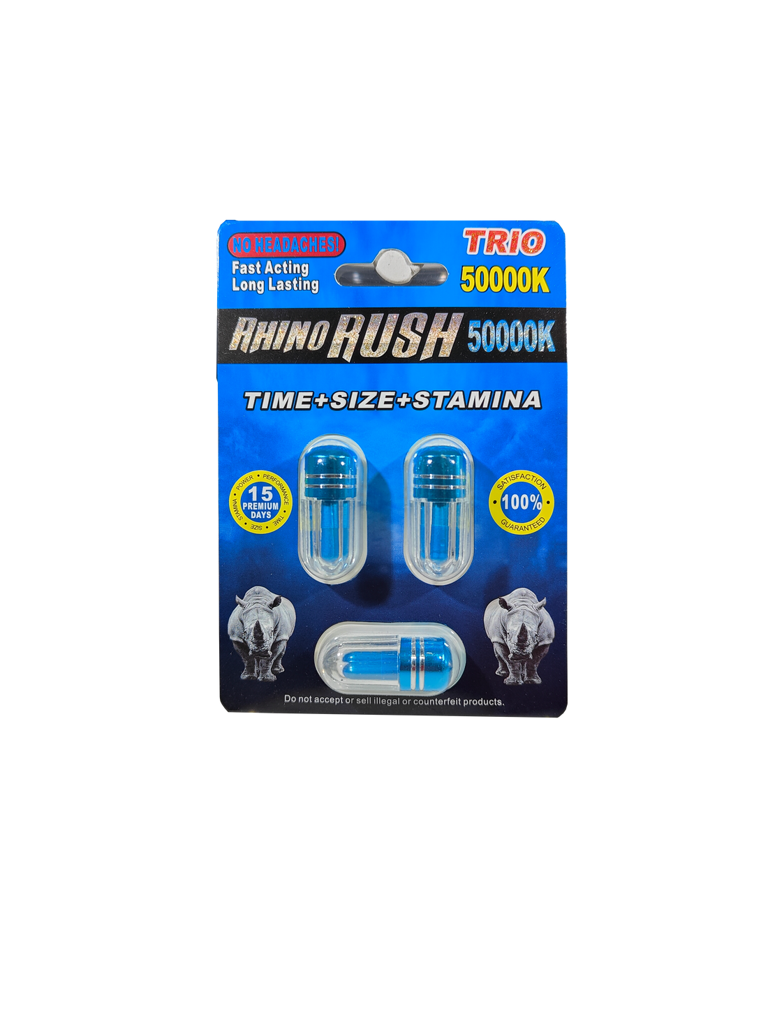 Triple capsule packet of Rhino Rush Blue 50000K Trio male enhancement supplement product.