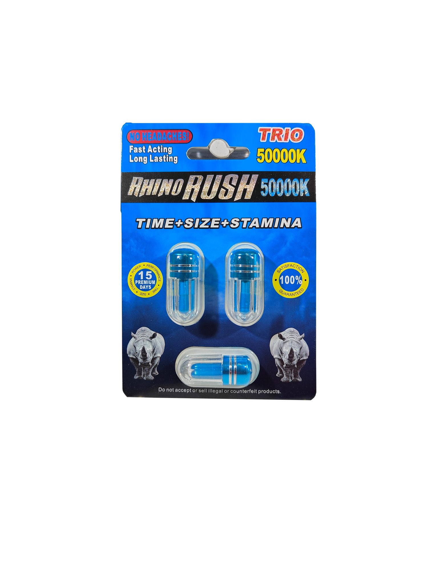 Triple capsule packet of Rhino Rush Blue 50000K Trio male enhancement supplement product.