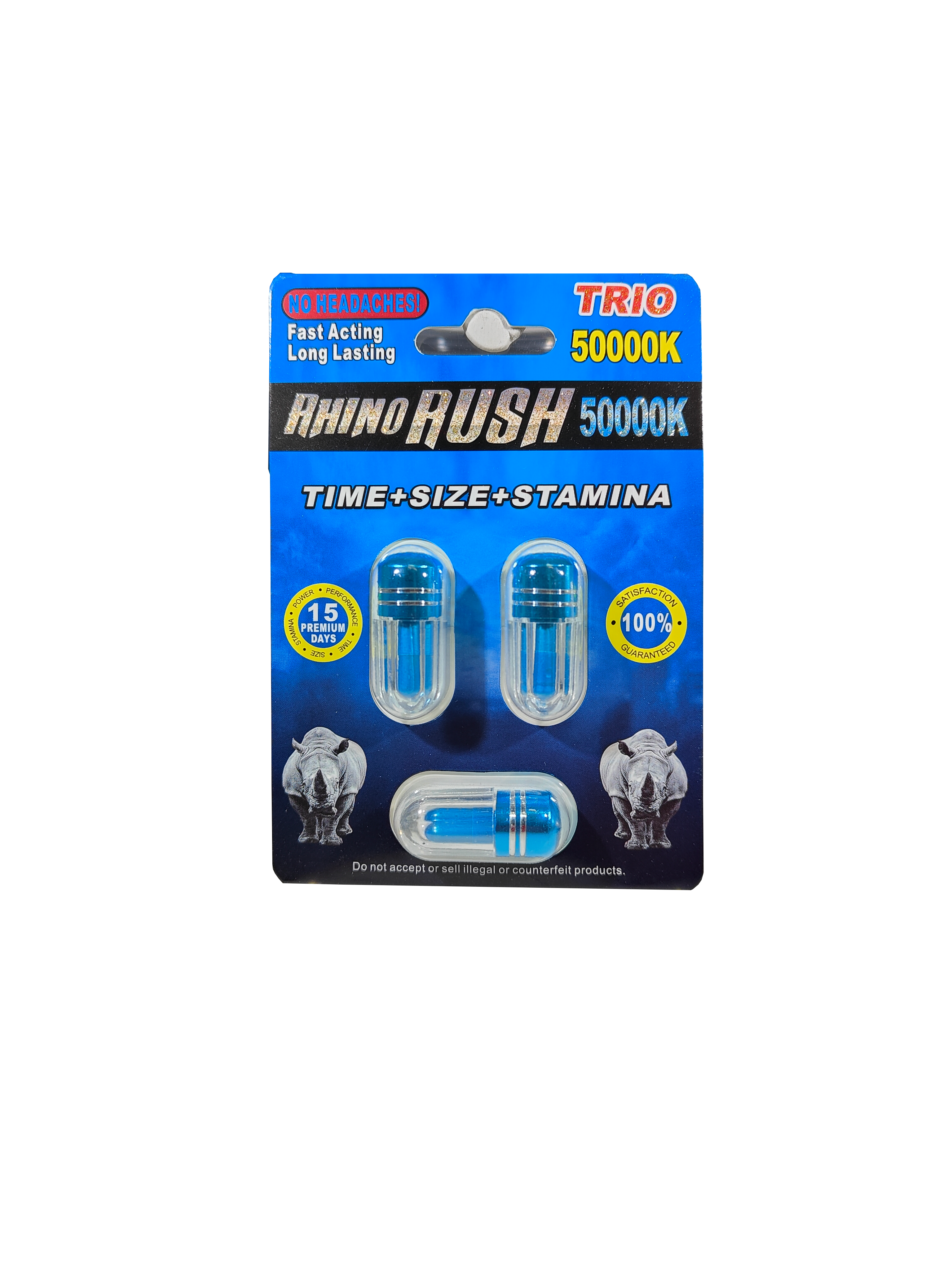 Triple capsule packet of Rhino Rush Blue 50000K Trio male enhancement supplement product.