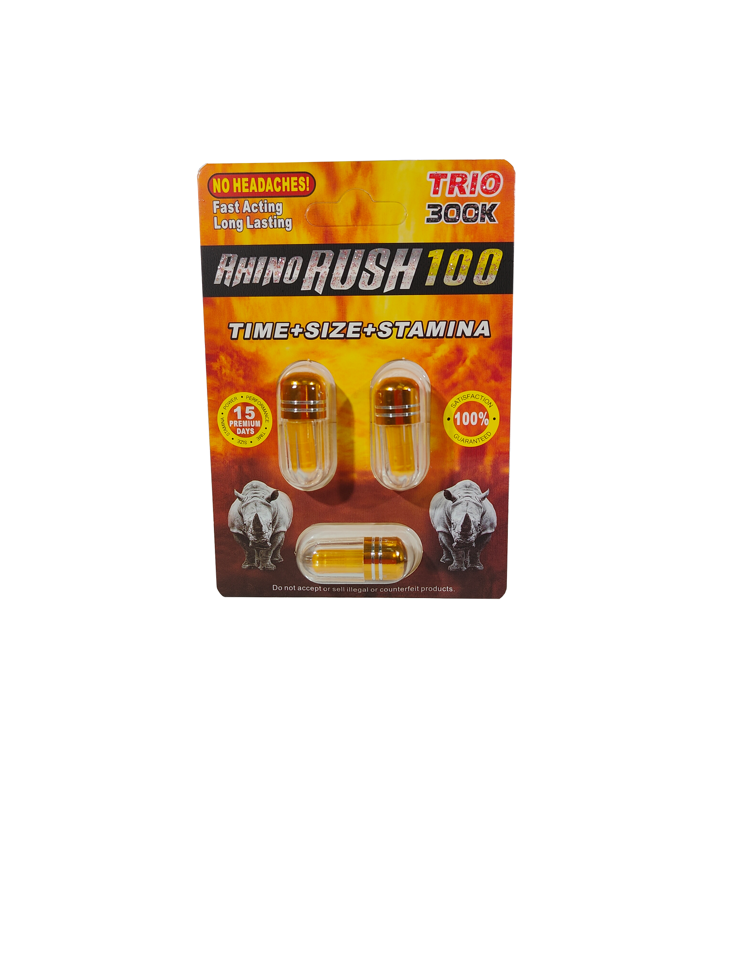 Triple capsule packet of Rhino Rush 100 300K sexual male enhancement pills.