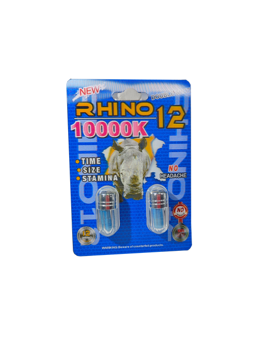 Double capsule packet of Rhino 12 10000K, a new male enhancement supplement pill.