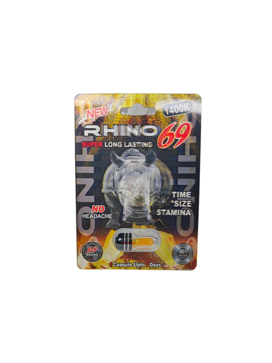 Single capsule packet of Rhino 69 1400K, a male stamina enhancement supplement pill.  