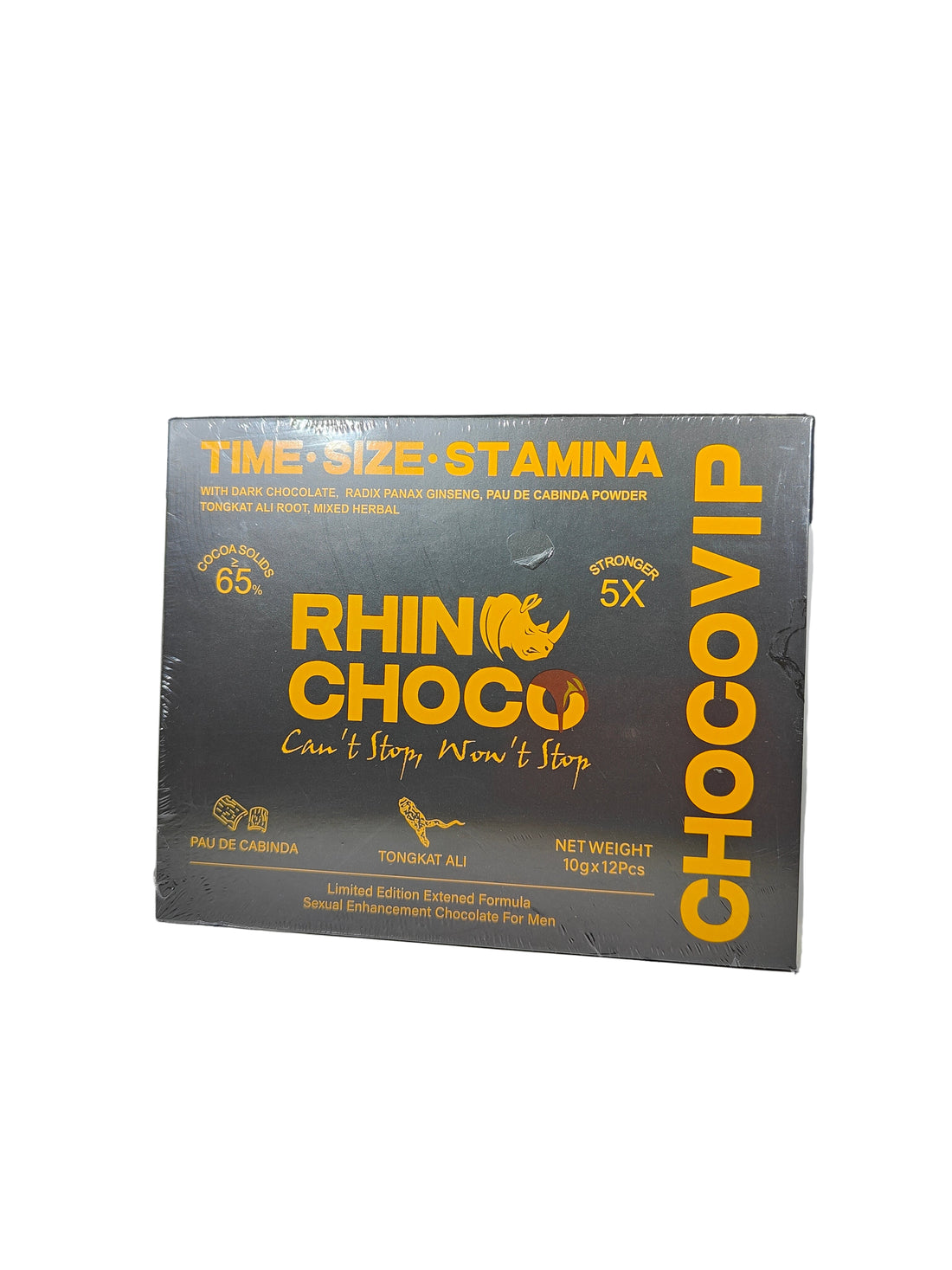 Front view of Rhino ChocoVIP A box of sexual enhancement supplement chocolates.