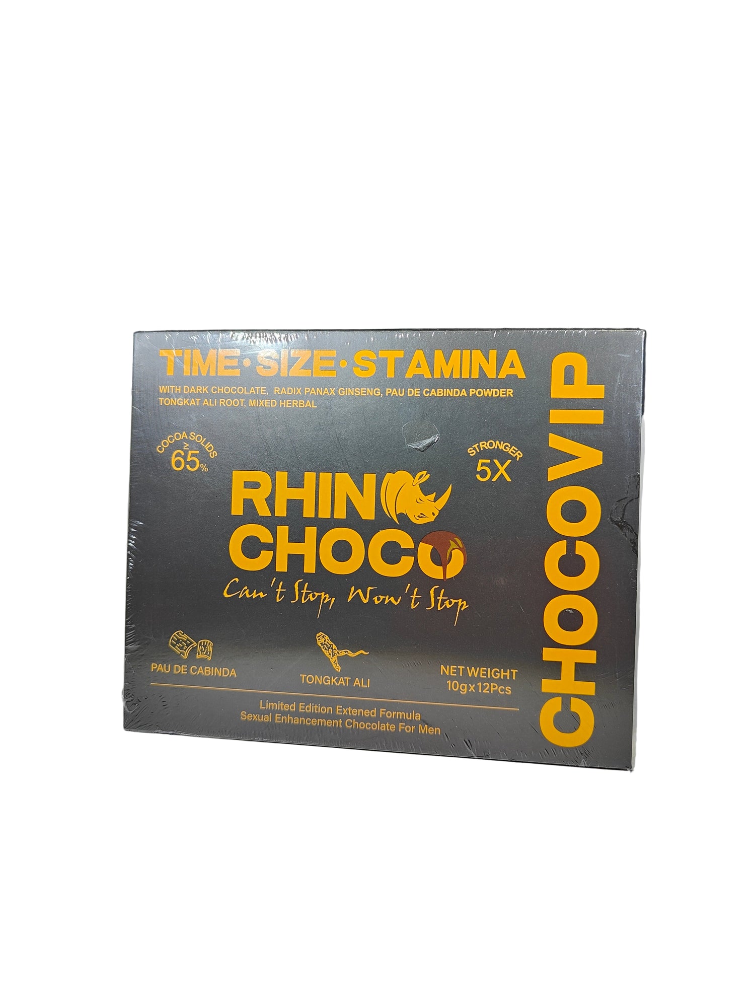 Front view of Rhino ChocoVIP A box of sexual enhancement supplement chocolates.