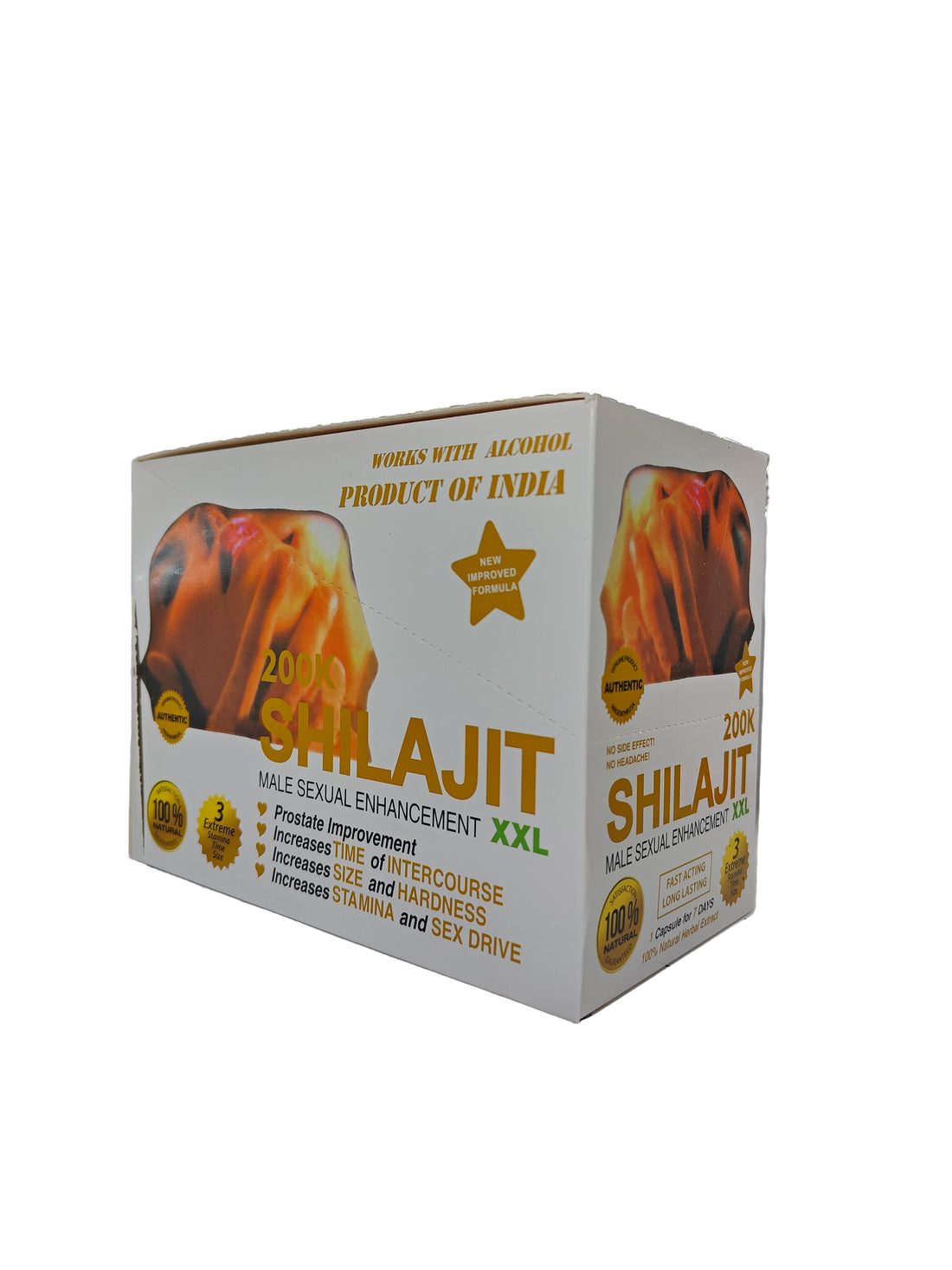 Front view of Shilajit XXL 200K display box, a male stamina enhancement supplement in pill form.