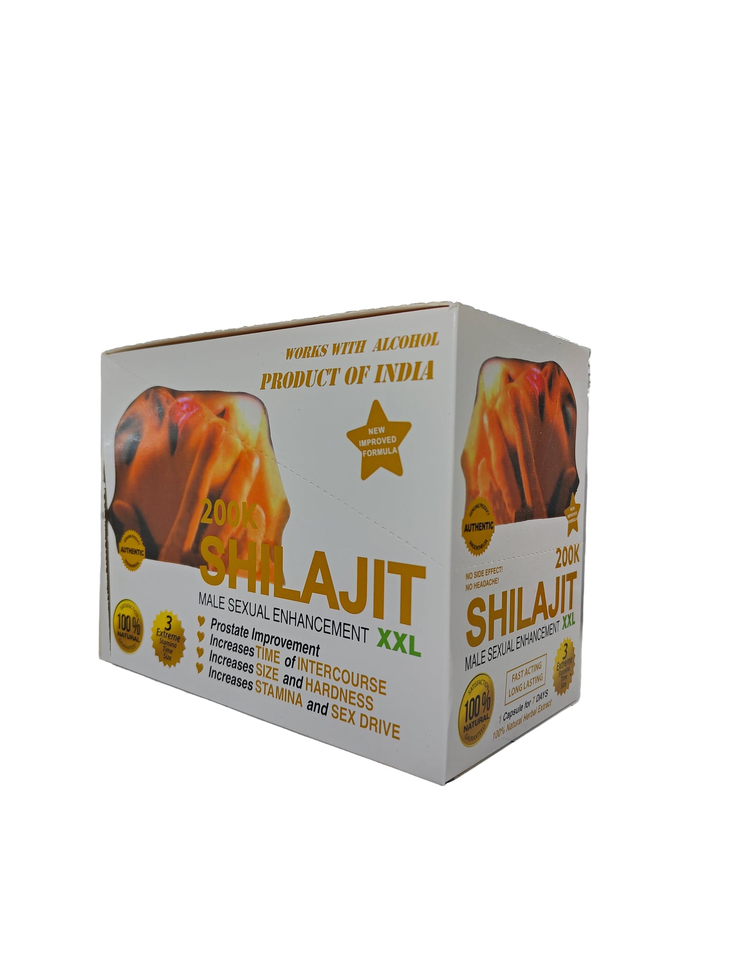 Front view of Shilajit XXL 200K display box, a male stamina enhancement supplement in pill form.