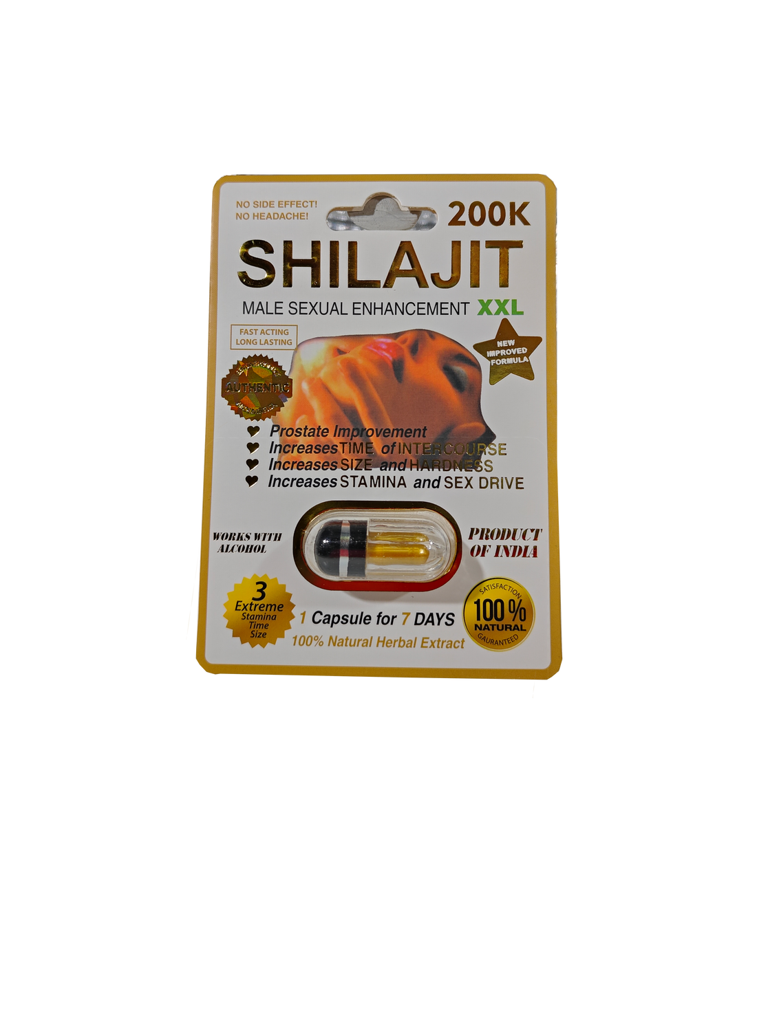 Single capsule packet of Shilajit XXL Male Sexual Enhancement 200K, a male stamina supplement pill.