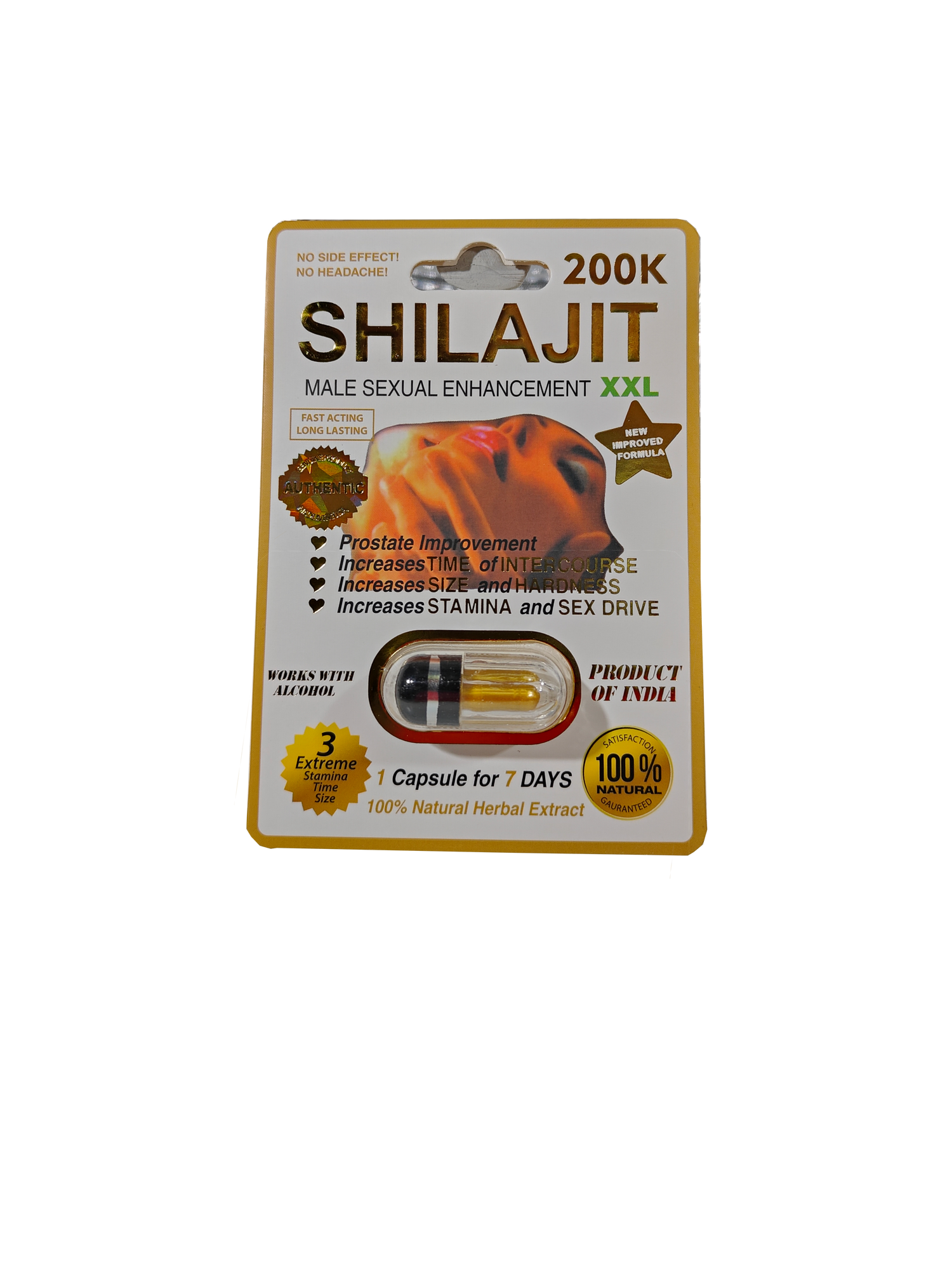 Single capsule packet of Shilajit XXL Male Sexual Enhancement 200K, a male stamina supplement pill.
