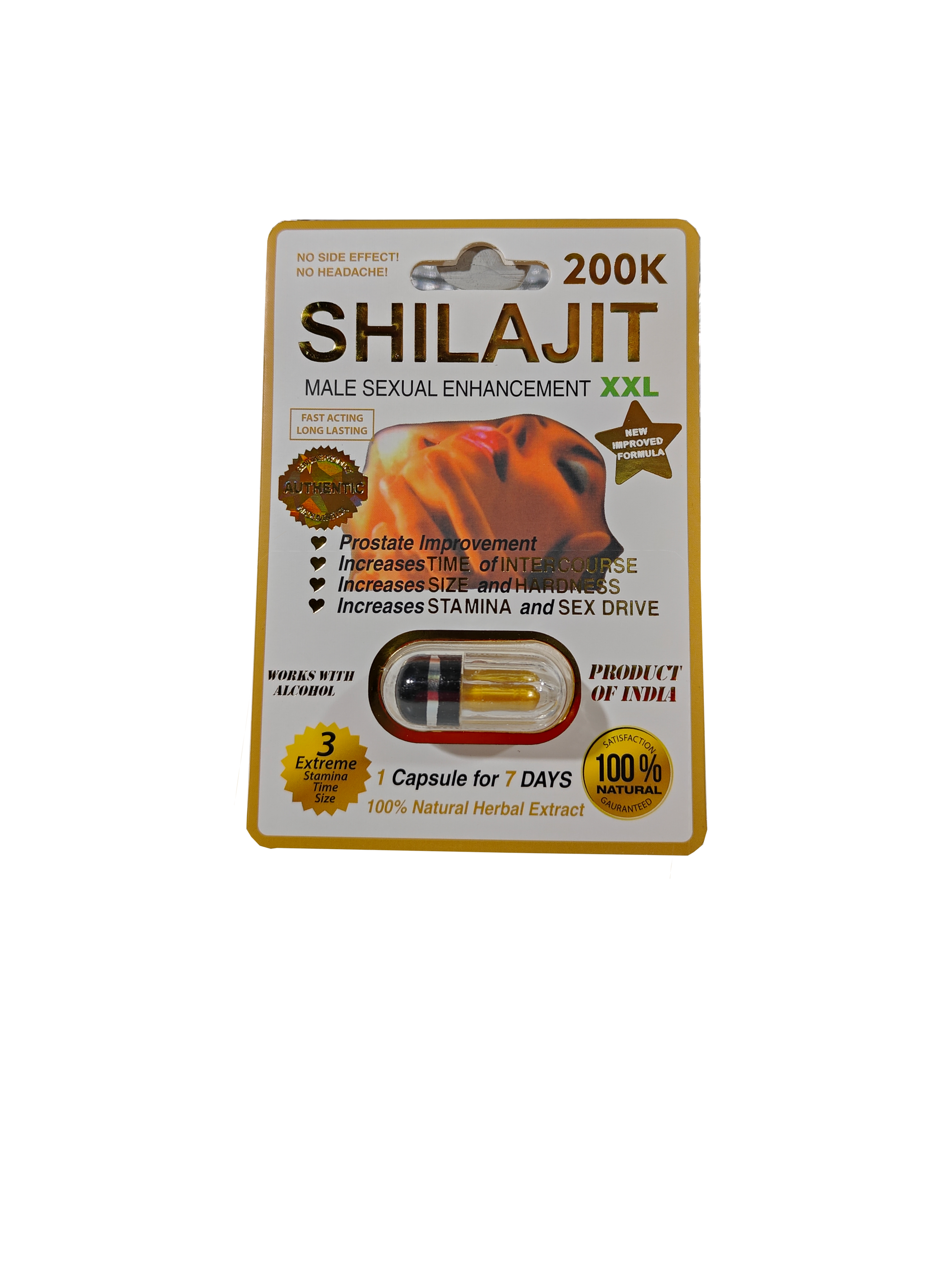 Single capsule packet of Shilajit XXL Male Sexual Enhancement 200K, a male stamina supplement pill.