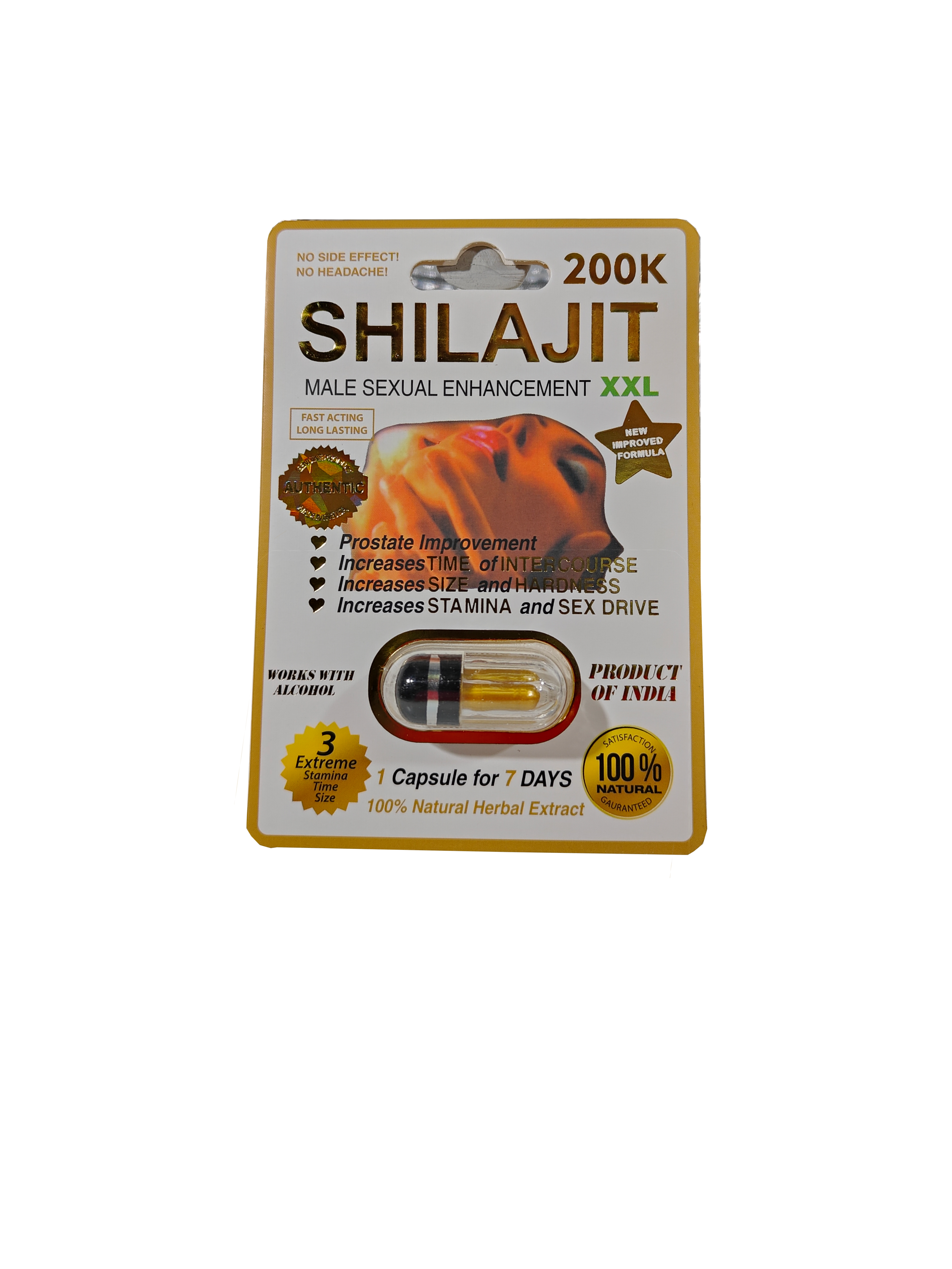 Single capsule packet of Shilajit XXL Male Sexual Enhancement 200K, a male stamina supplement pill.