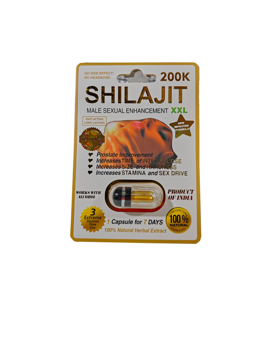 Single capsule packet of Shilajit XXL Male Sexual Enhancement 200K, a male stamina supplement pill.