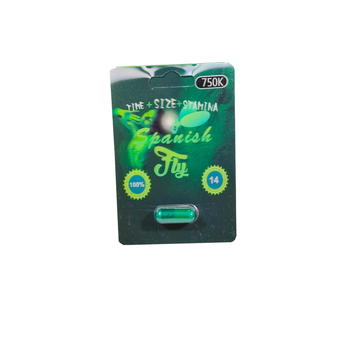 Single capsule packet of Spanish Fly 750K male enhancement supplement.