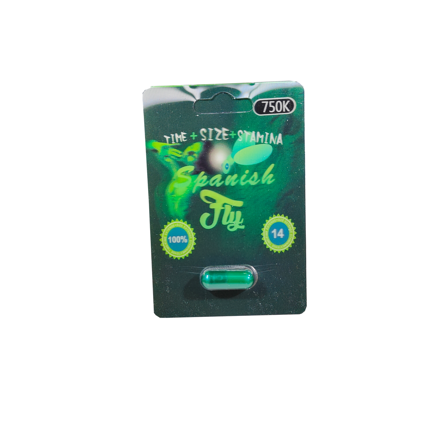 Single capsule packet of Spanish Fly 750K male enhancement supplement.