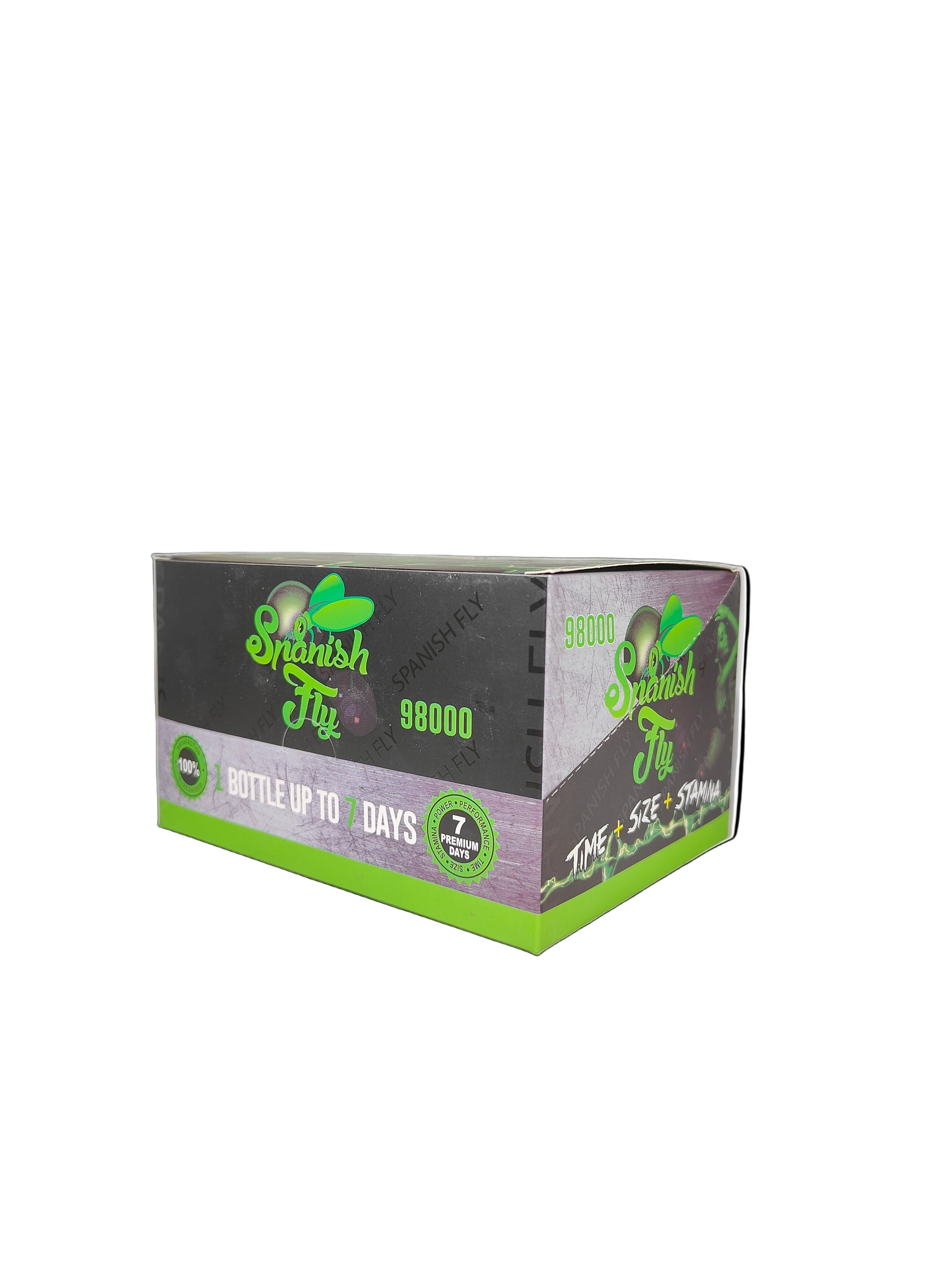 Front view of Spanish Fly 98K Shots, a display box of premium male enhancement supplements.