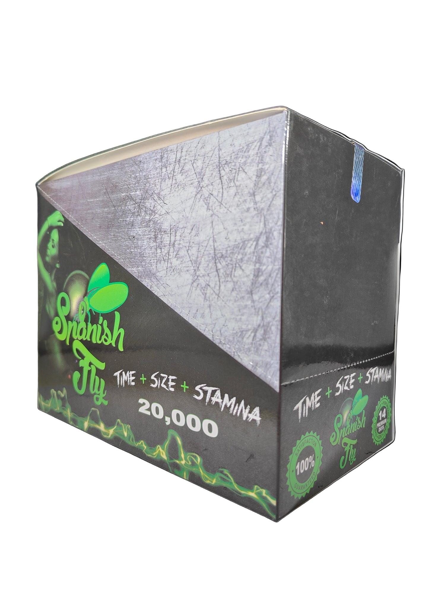 Front view of Spanish Fly 20000 display box of male enhancement supplement.