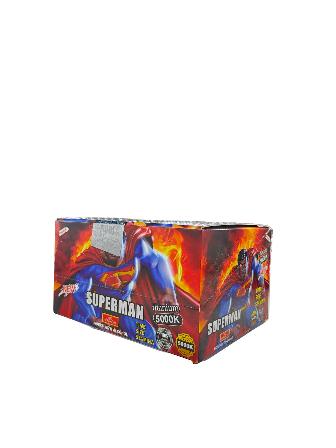 Front view of Superman Titanium 5000k Shots, a display box of male enhancement supplements.