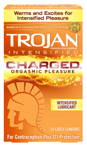 Front View of Trojan Charged Lubricated Latex Condoms box