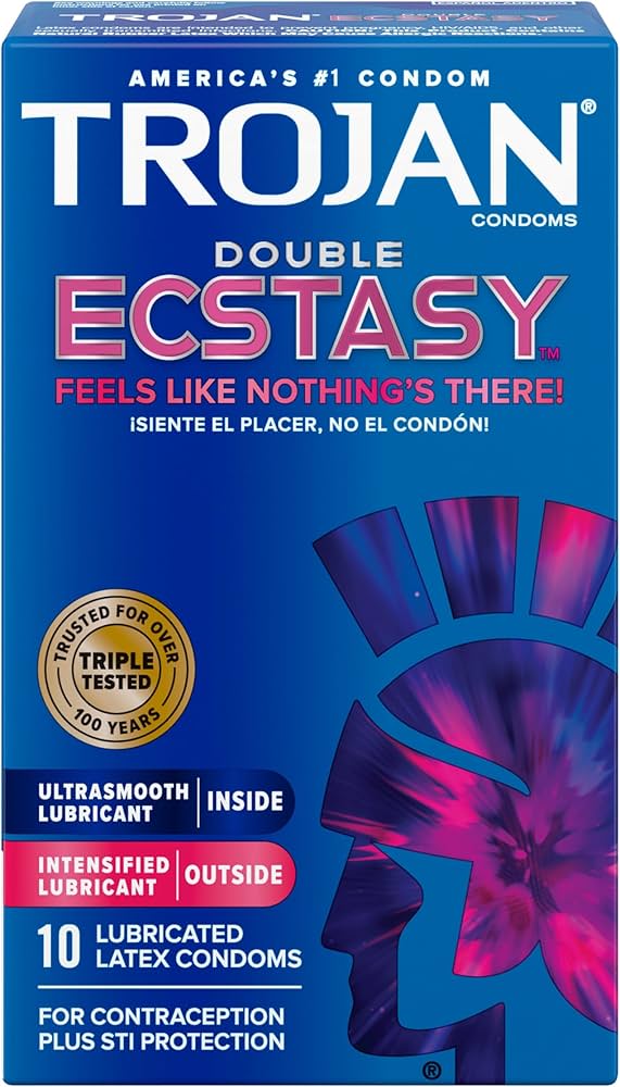 Front View of Trojan Double Ecstasy Lubricated Latex Condoms box