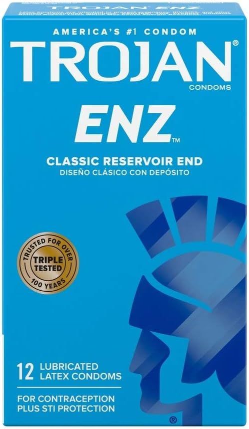 Front View of Trojan ENZ Blue Non Lubricated Latex Condoms box