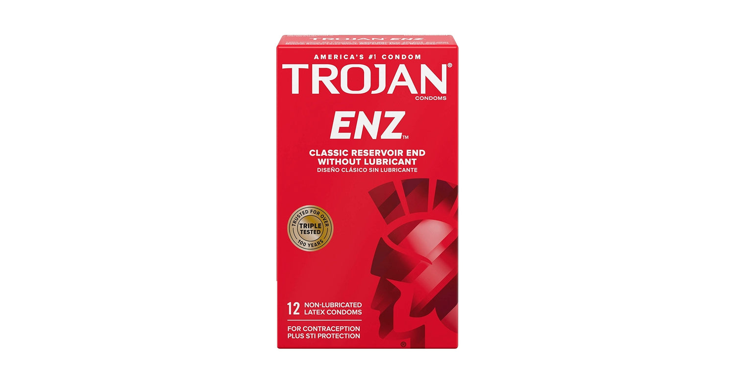 Front View of Trojan ENZ Non Lubricated Latex Condoms box