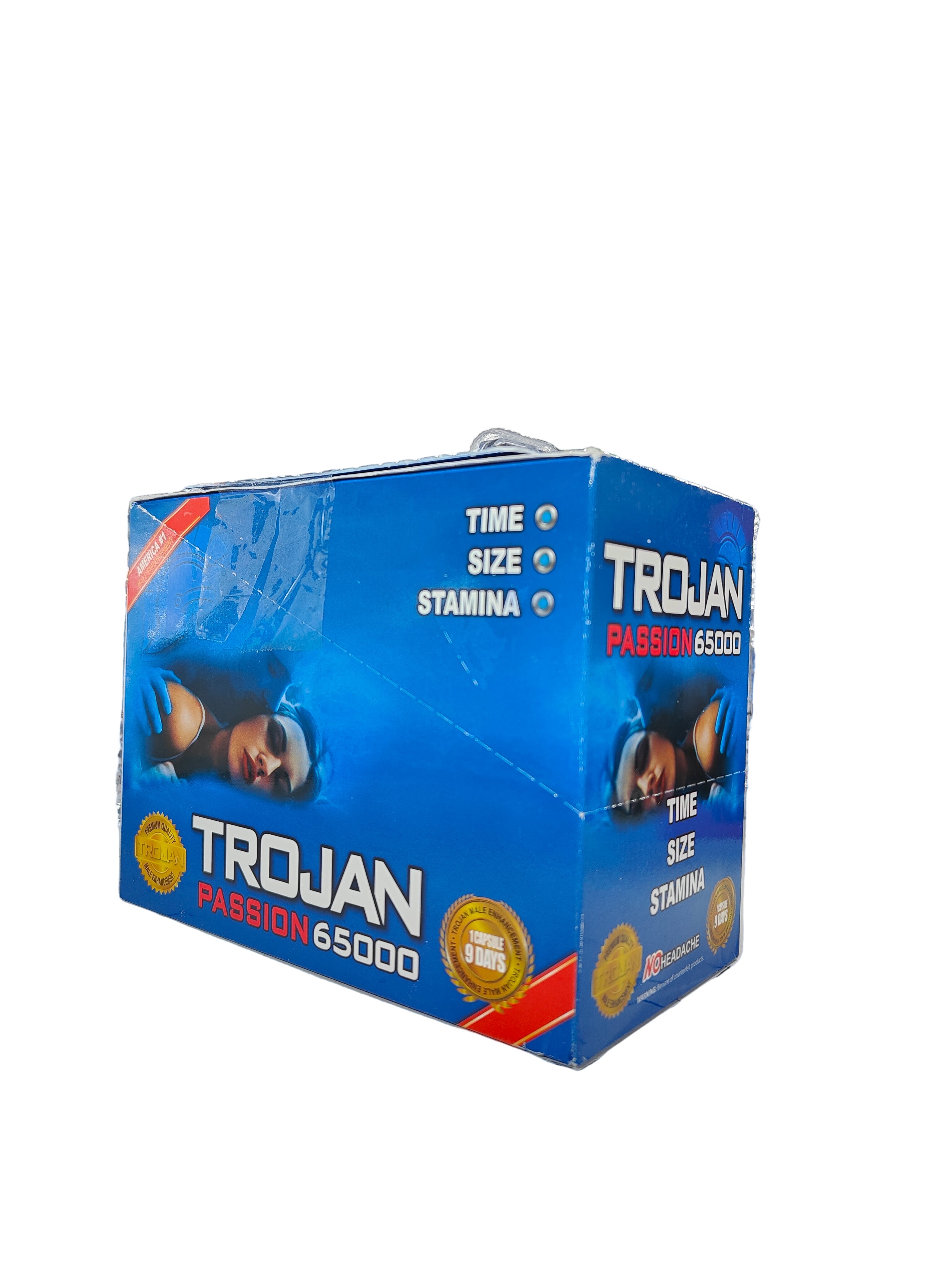 Front view of Trojan Passion 65000 display box, a male enhancement supplement in pill form. 