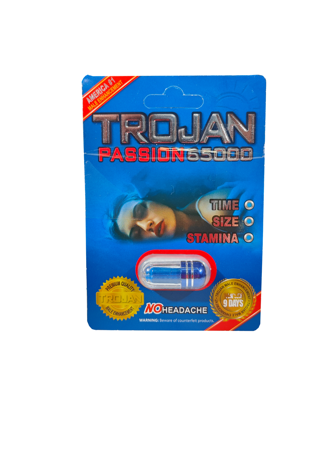 Single capsule packet of Trojan Passion 65000, a male stamina enhancement supplement pill.