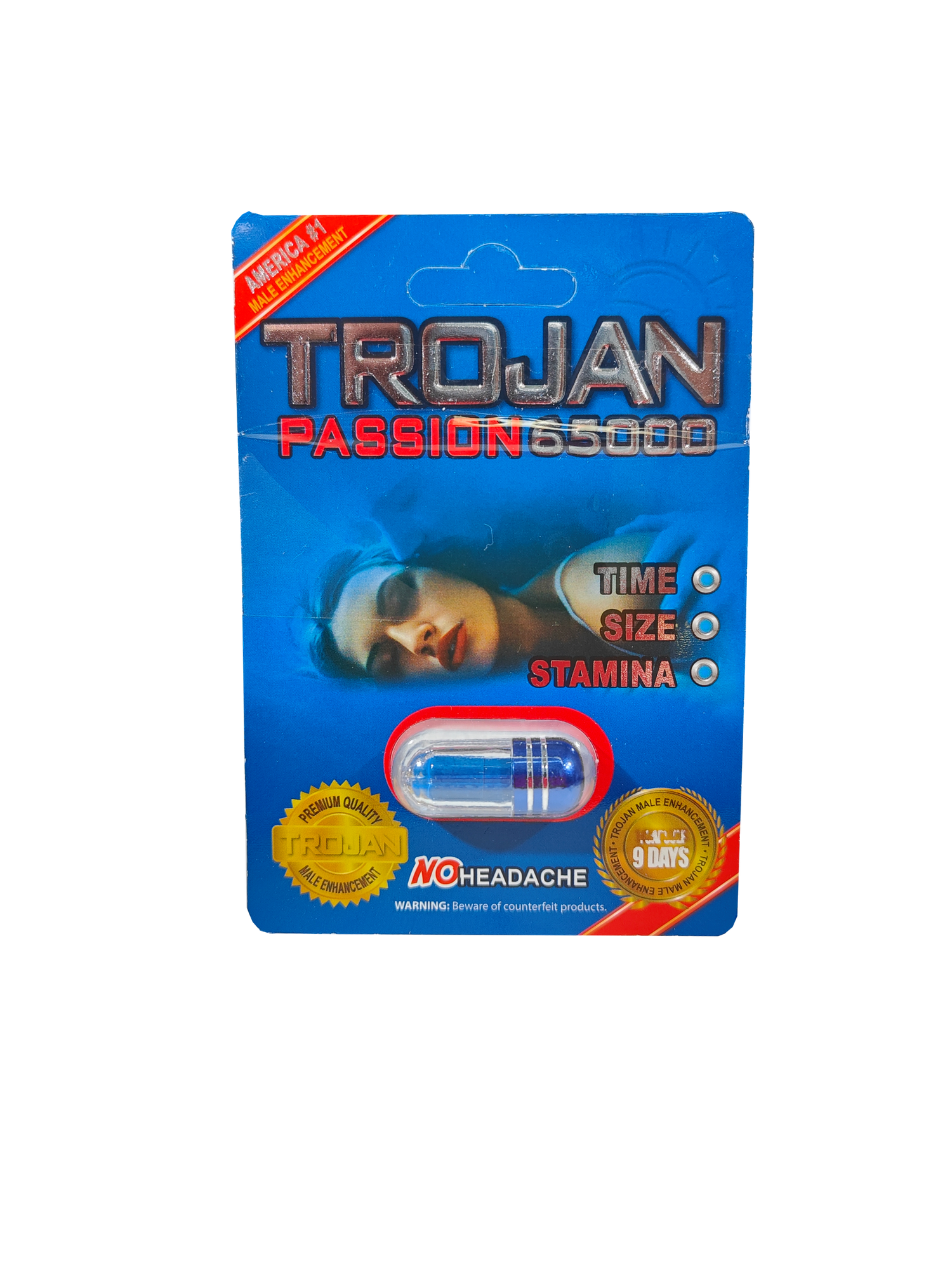 Single capsule packet of Trojan Passion 65000, a male stamina enhancement supplement pill.