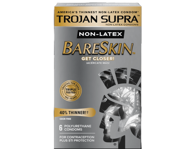 Front View of Trojan Supra Bareskin Grey Non Lubricated Polyurethane Condoms box