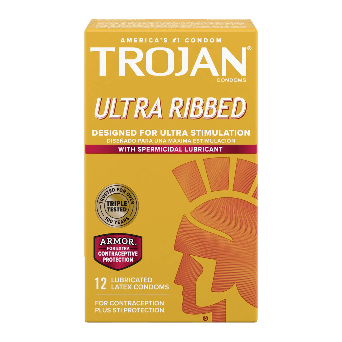 Front View of Trojan Ultra Ribbed Lubricated Latex Condoms box