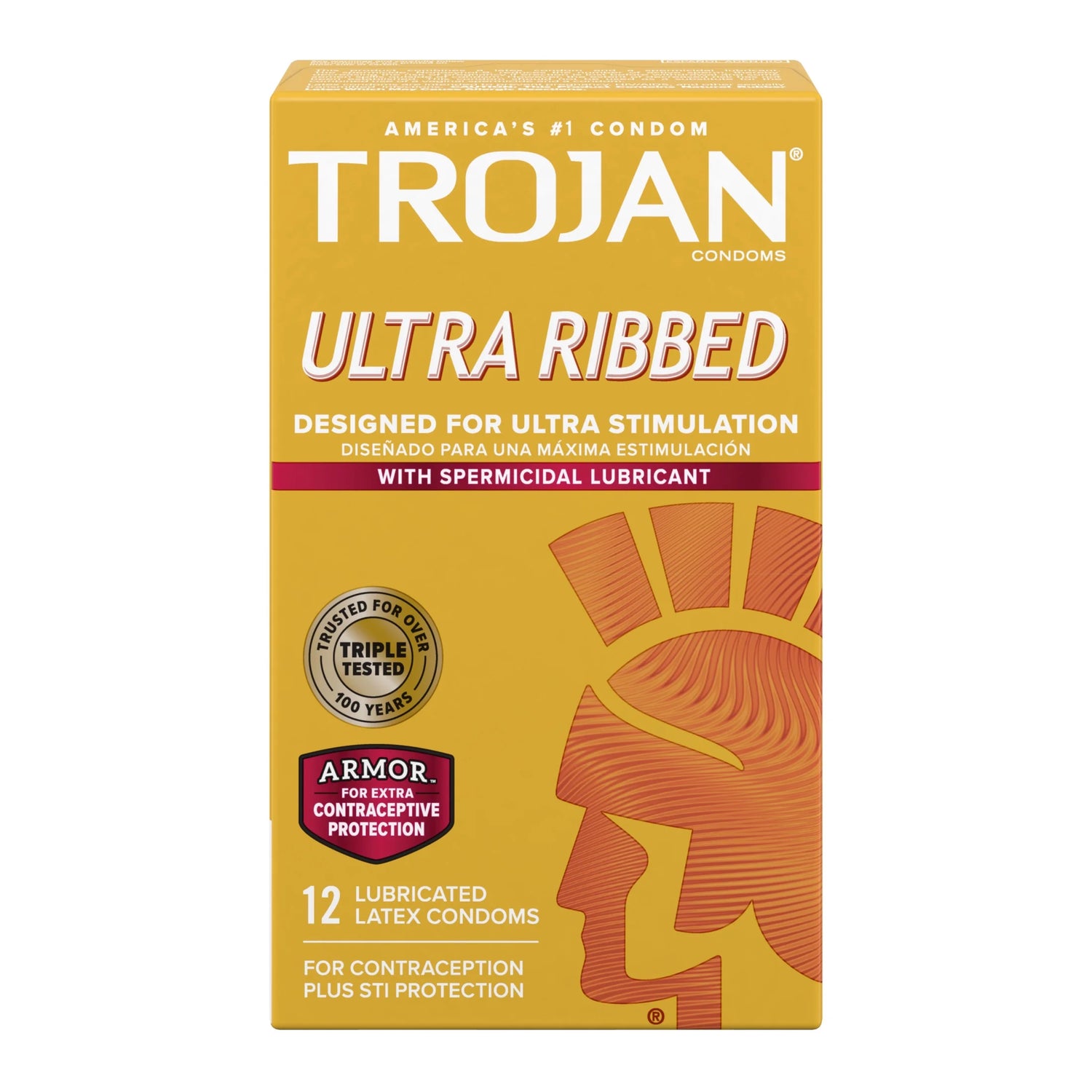 Front View of Trojan Ultra Ribbed Lubricated Latex Condoms box
