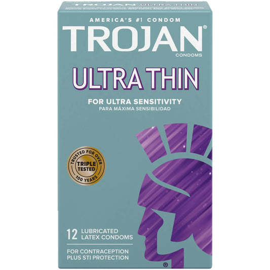 Front View of Trojan Ultra Thin Lubricated Latex Condoms box