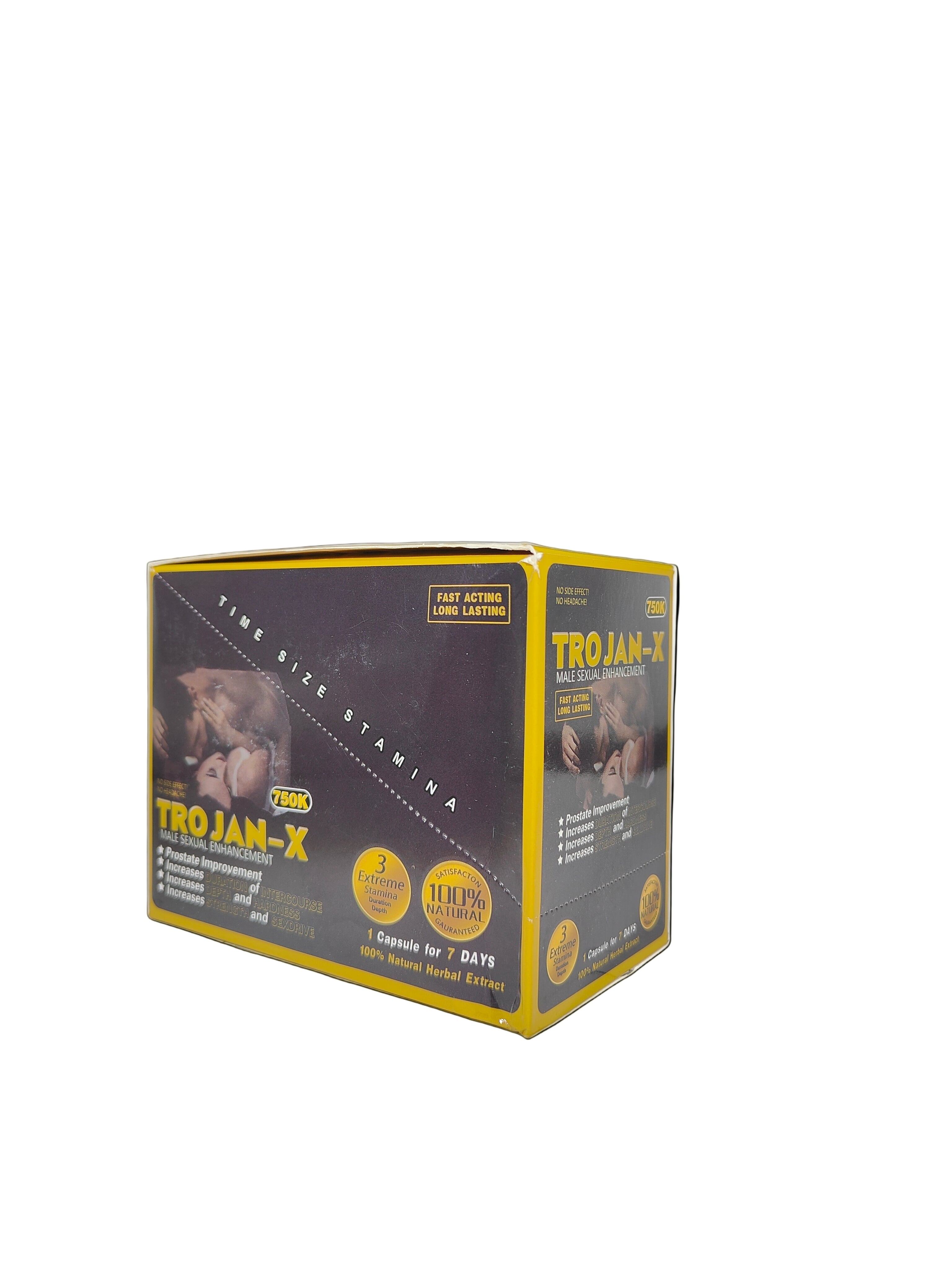 Front view of Trojan X 750K display box, a premium stamina and energy enhancement.