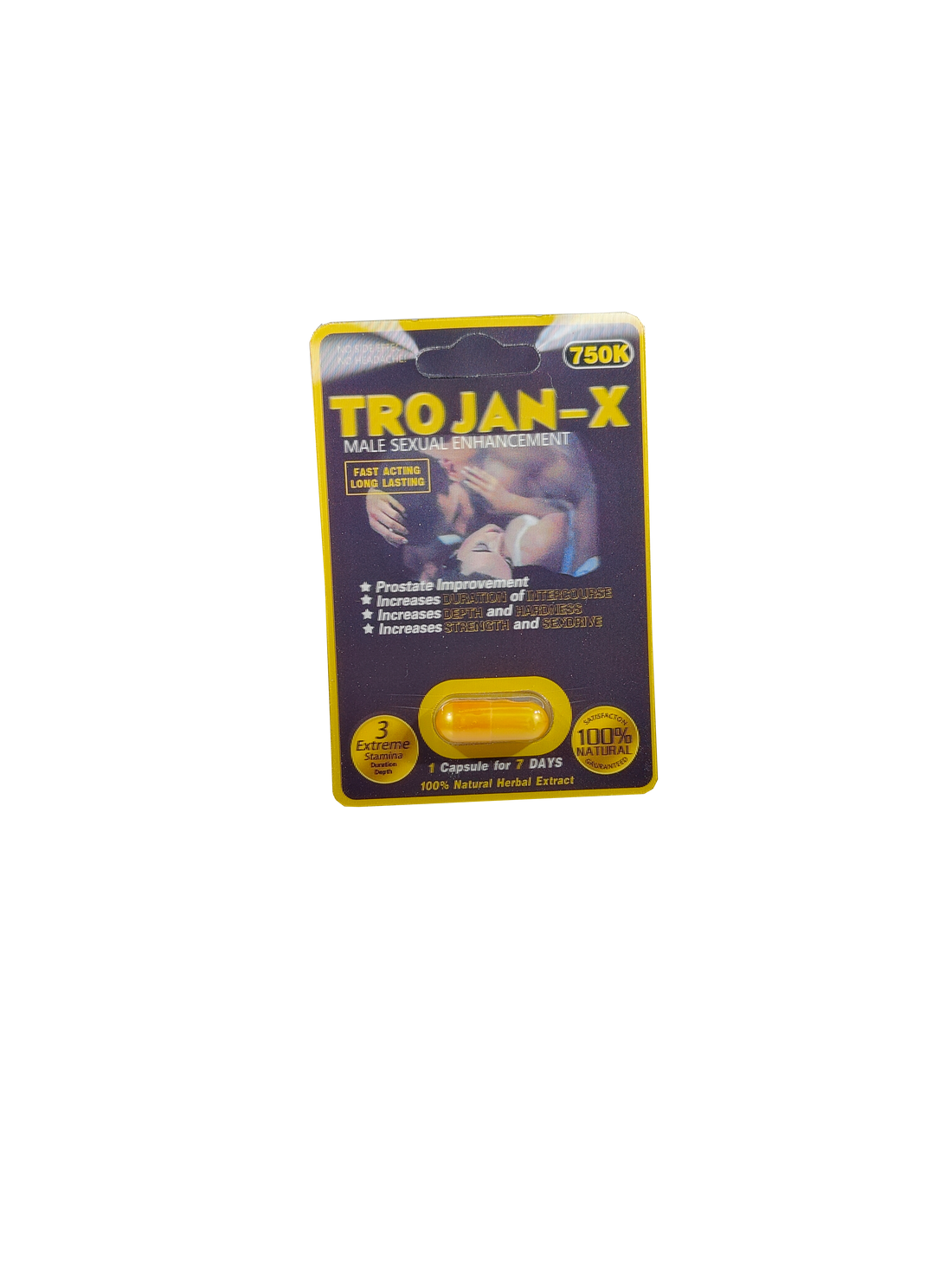 Single capsule packet of Trojan X 750K a male enhancement supplement product.