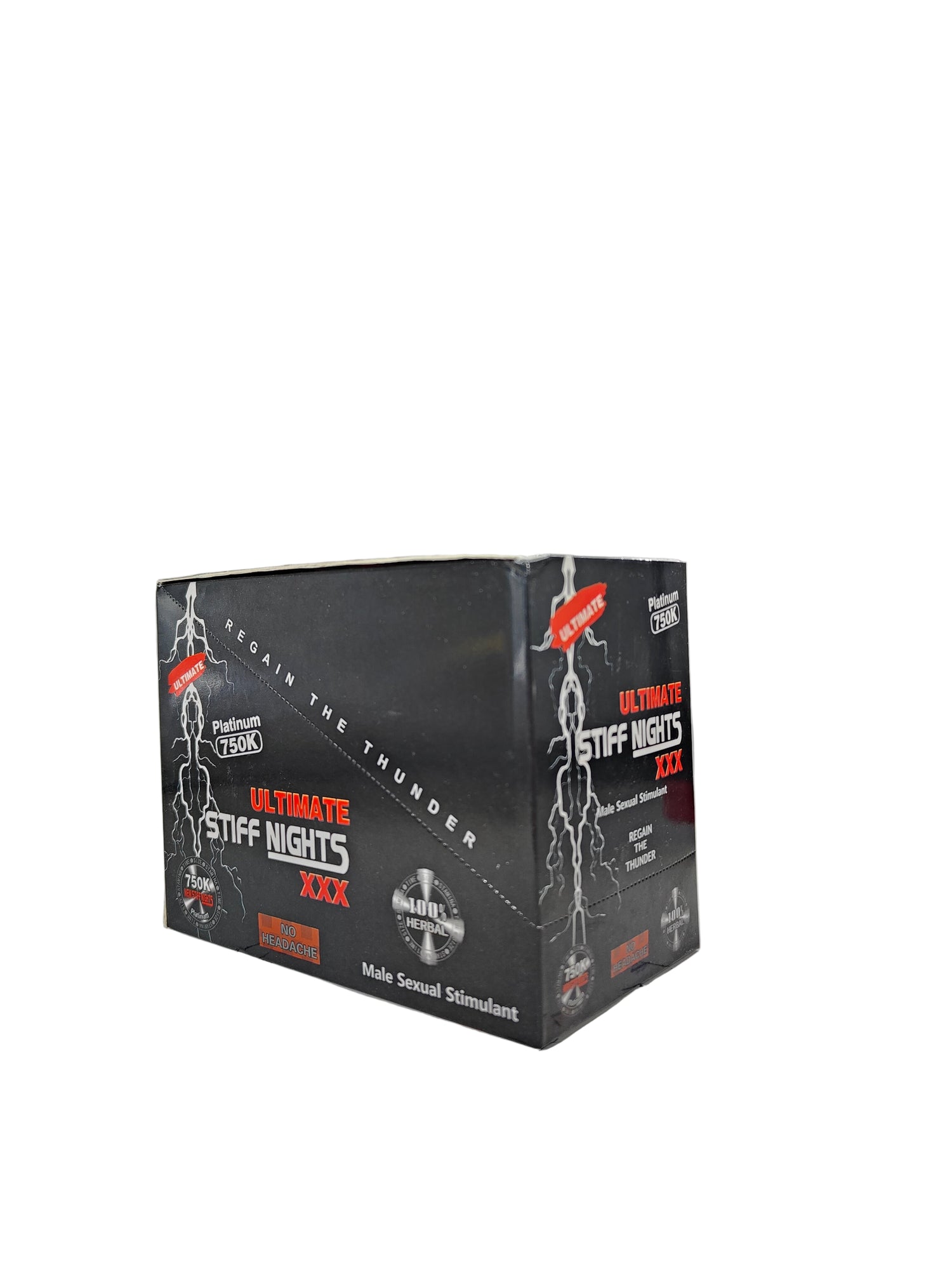 Front view of Ultimate Stiff Nights Platinum 750K display box, a male stamina enhancement supplement in pill form.