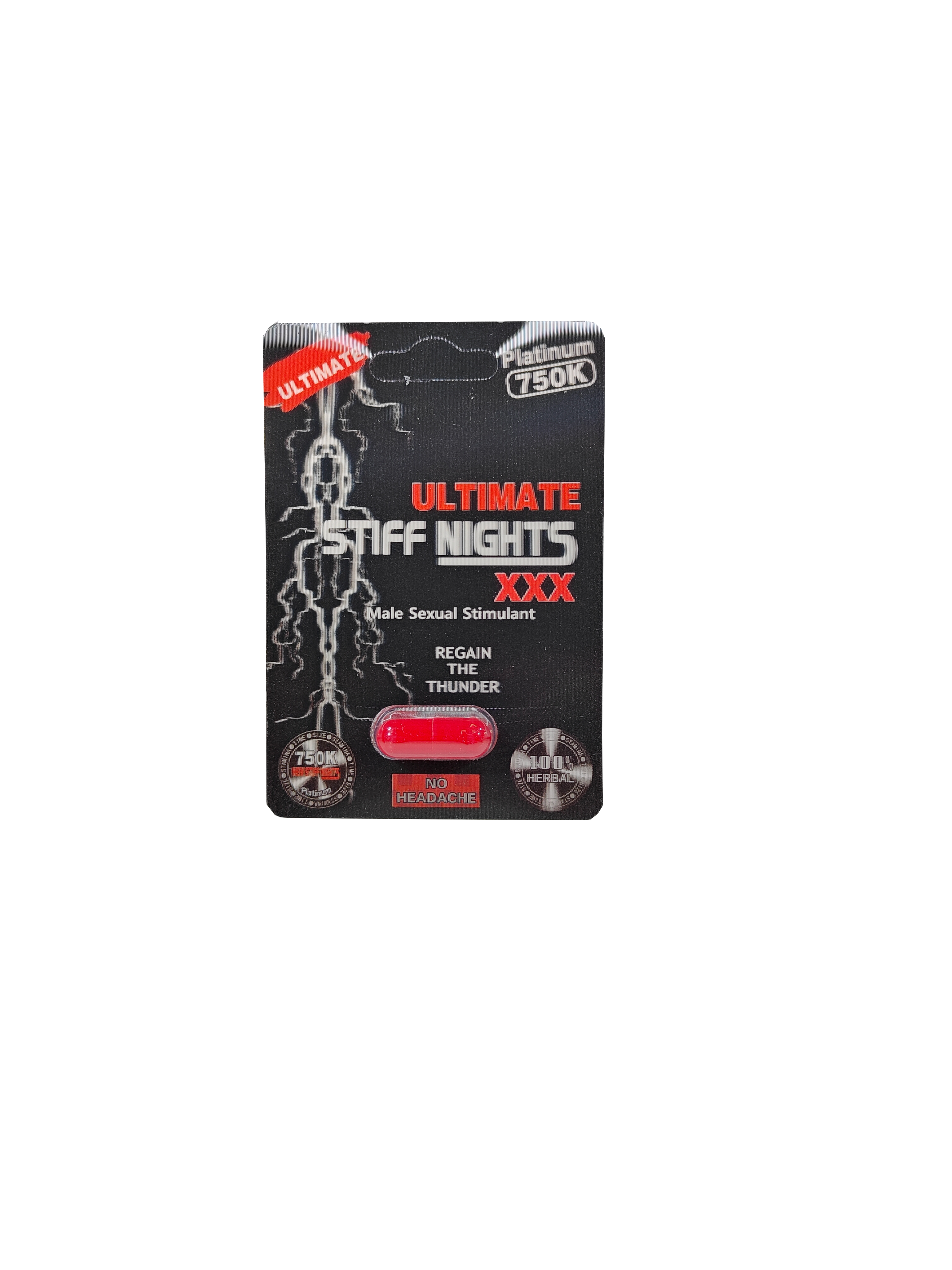 Single capsule packet of Ultimate Stiff Nights XXX Platinum 750K, a male enhancement supplement pill.