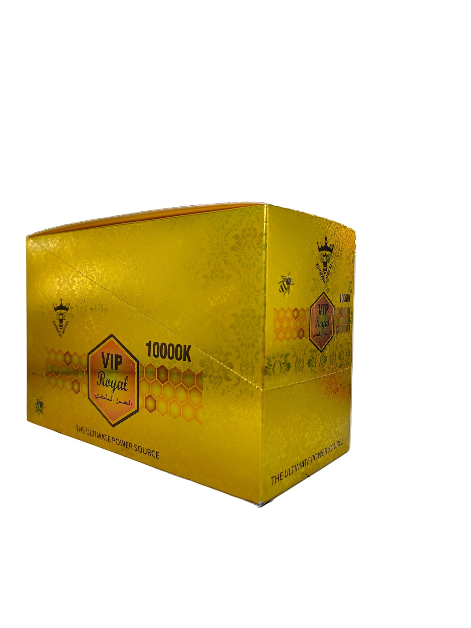 Front view of VIP Royal 10000K display box, a new male stamina enhancement supplement in pill form.